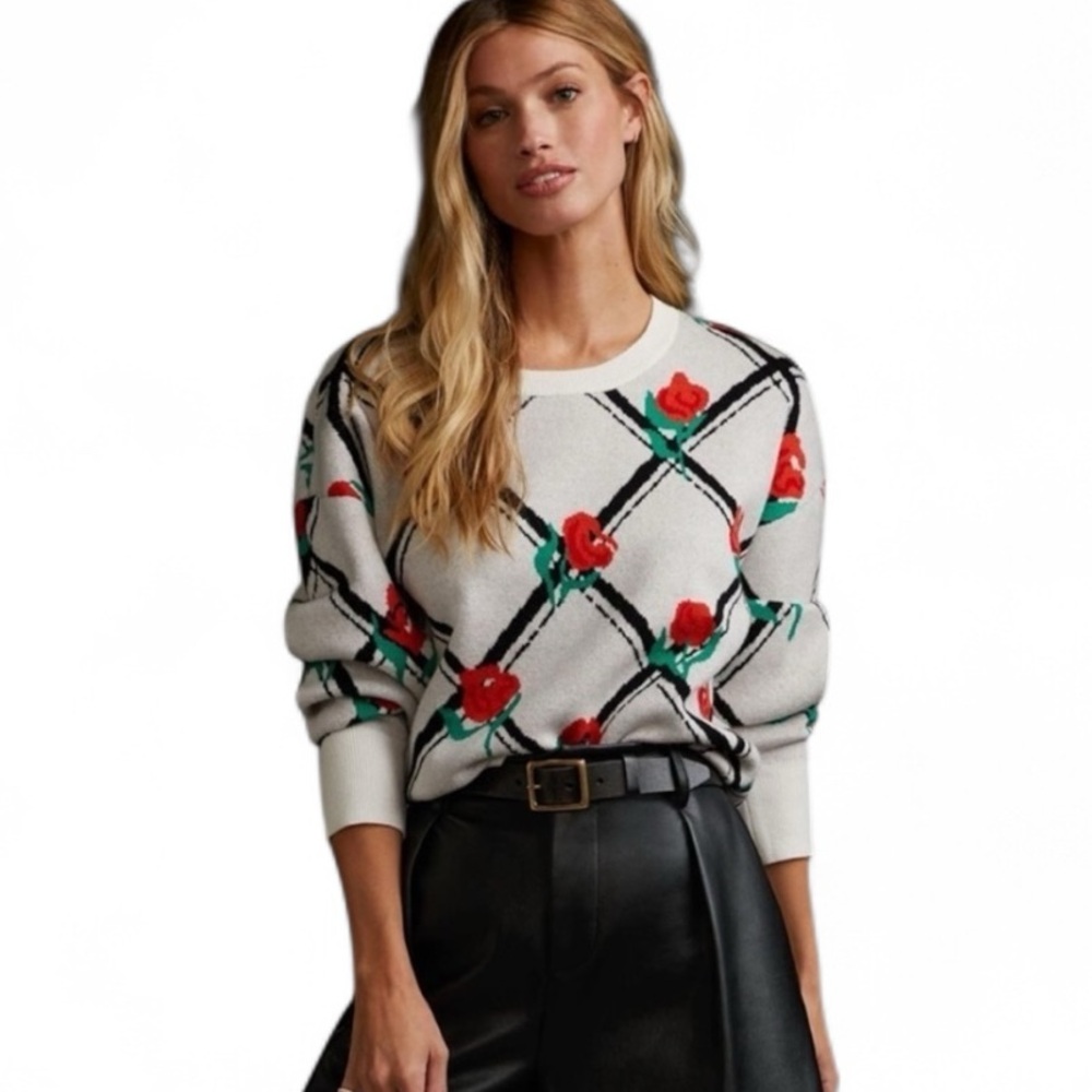 Anthro Maeve Cameron Trellis White Red Black Floral Cropped Sweater S